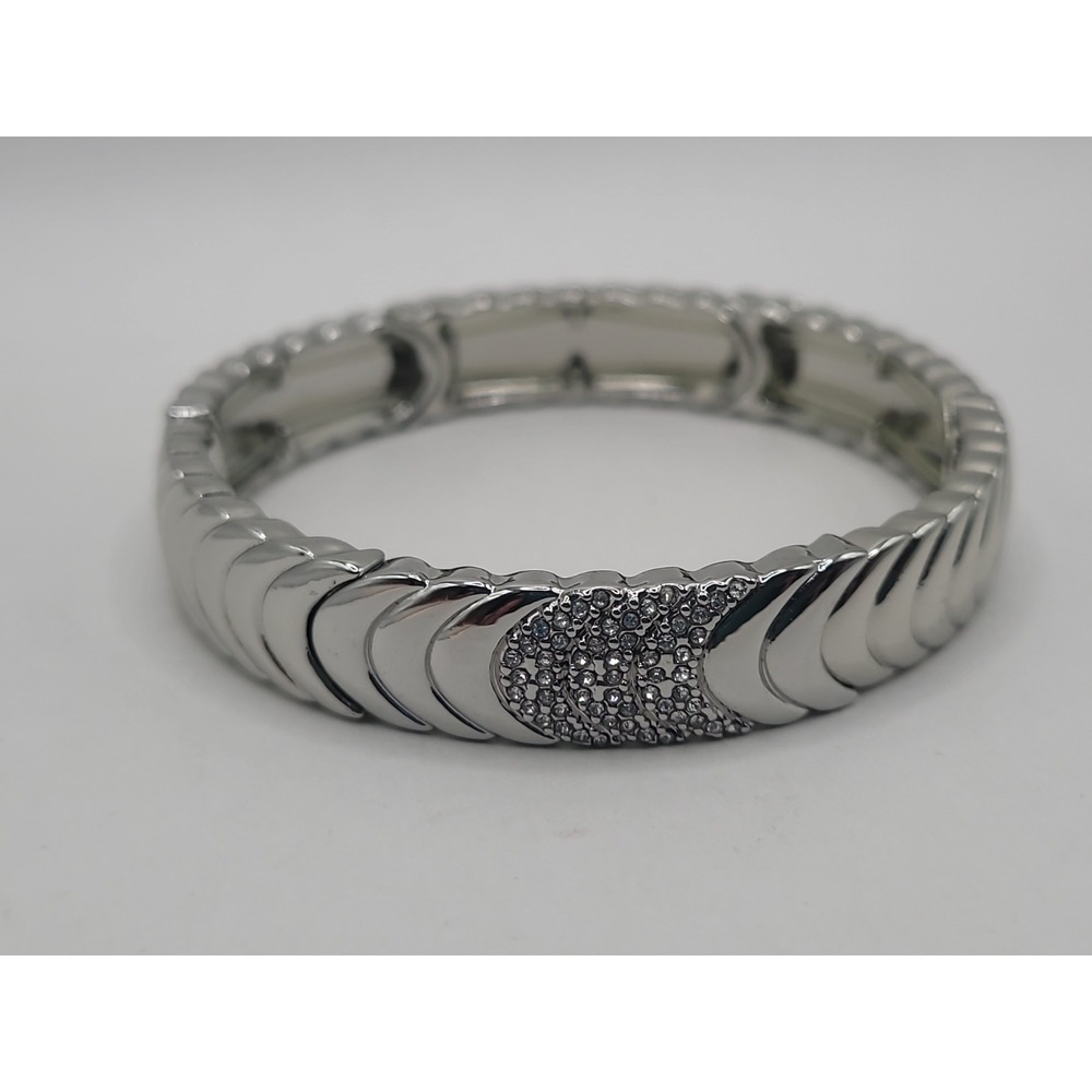 Silver Tone Clear Rhinestone Textured Ribbed Stretch Bangle Bracelet